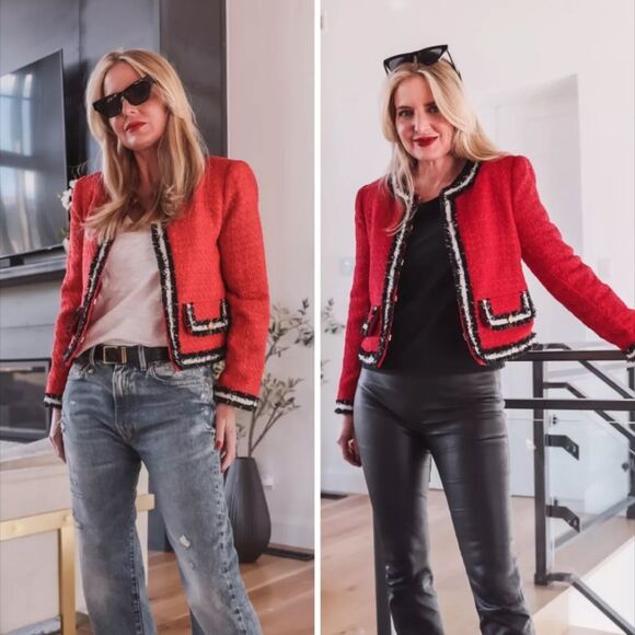 Alice + Olivia Landon Red Black Tweed Cropped Box Jacket Size XSmall Lady Jacket - Picture 7 of 7